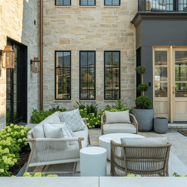 Outdoor patio area with furniture and plants in front of a stone building.